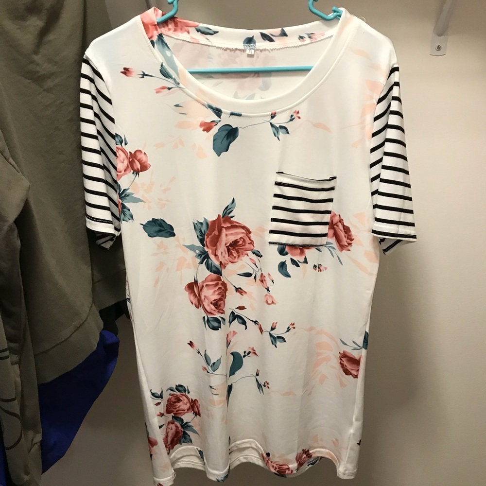 White floral shirt w/ black and white striped